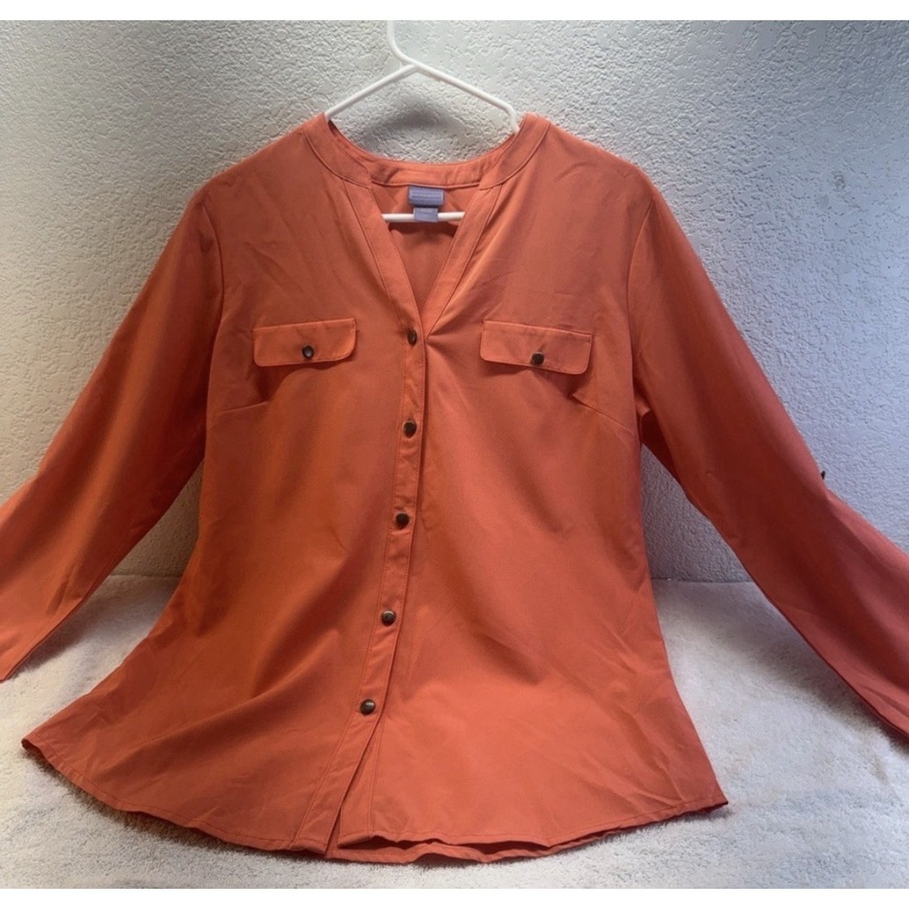 Laura Scott Coral Orange Button Up Blouse Women Small Long Sleeve Utility Top